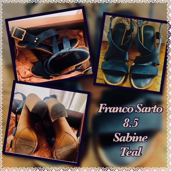 Franco Sarto Sabine lush teal blue suede crossing straps, open toe stacked heel - Picture 9 of 15